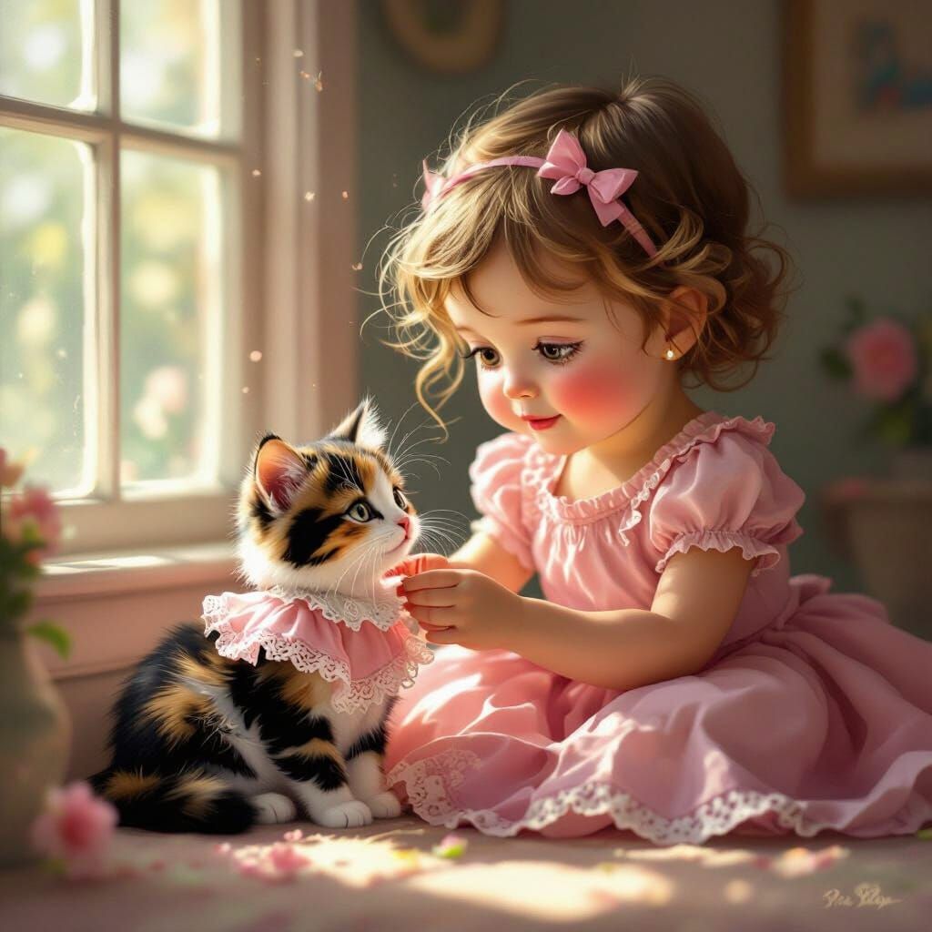 Girl Dresses Kitty in Doll Clothes in Whimsical Style
