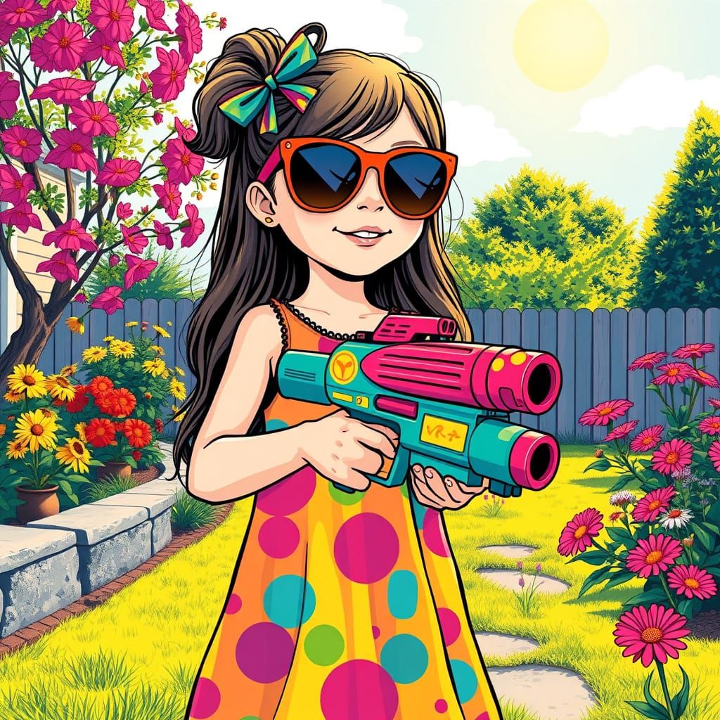 Girl in Vibrant Summer Scene, Inspired by Takashi Murakami a...