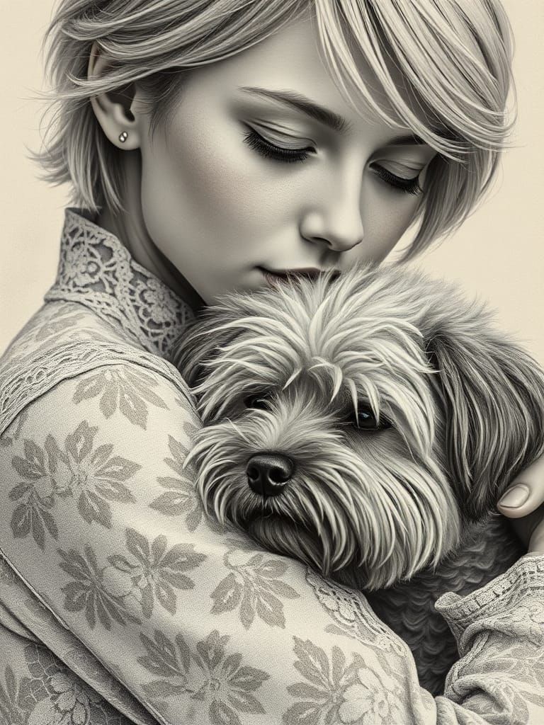 Girl Embracing Dog: Detailed Charcoal Drawing