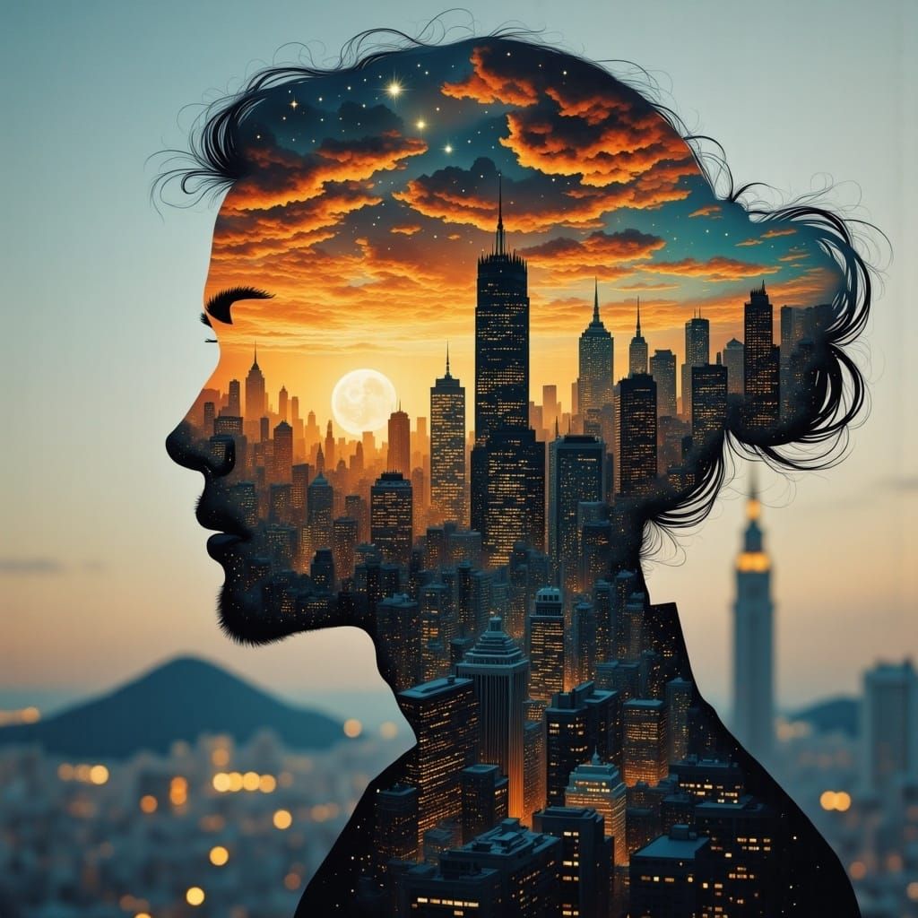 Human Profile with Cityscape in Astral Double Exposure