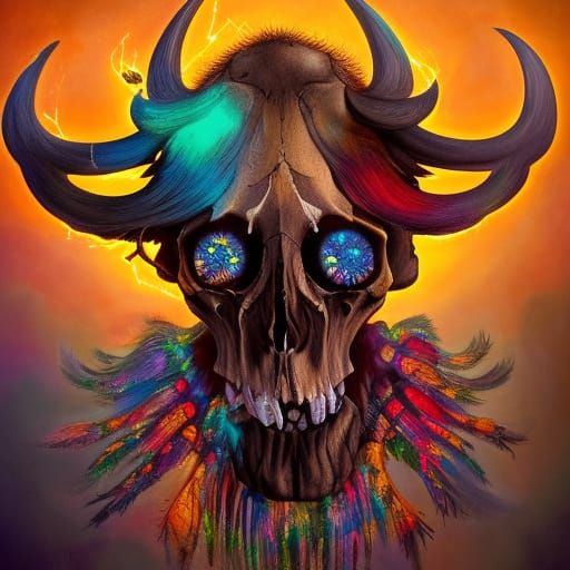 Colorful Marbled Buffalo Skull in Cemetery Scene