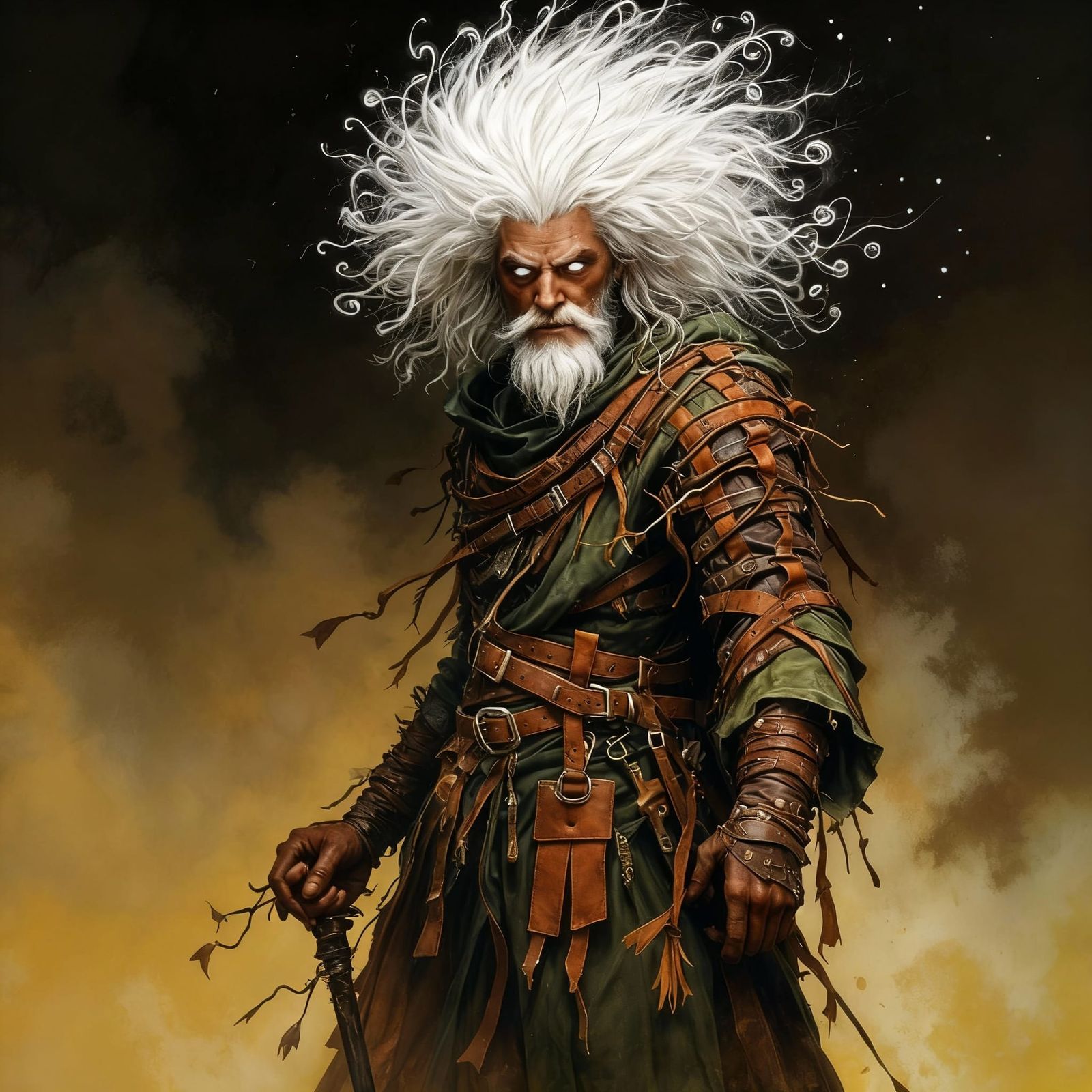 Menacing Cleric with White Hair in Leather Straps, Ink Drawi...