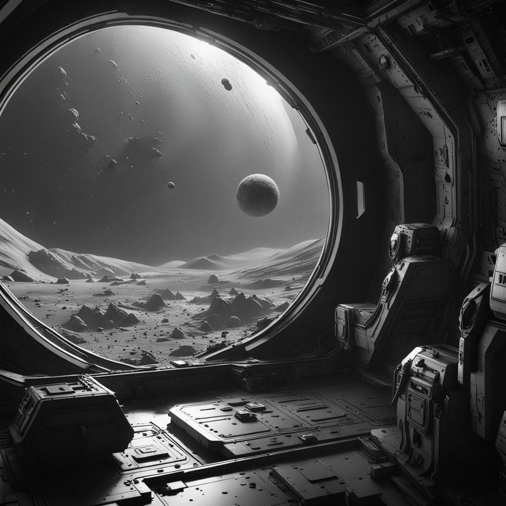 Demolished Futuristic Outpost in Black and White