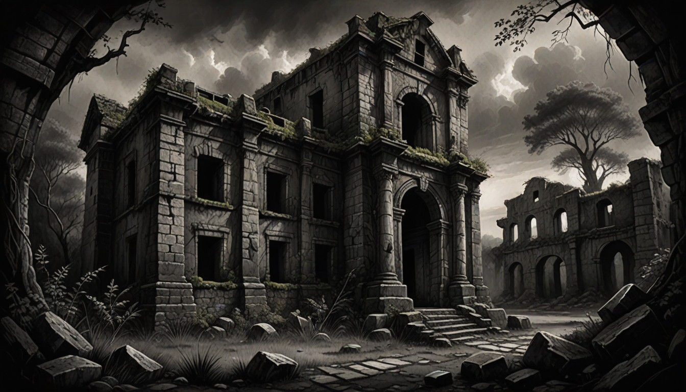 Ancient Ruin Charcoal Drawing with Dark Academia Vibes