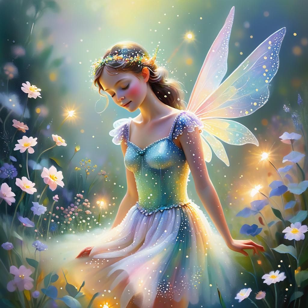 Fairy in Pointillist Garden with Iridescent Light