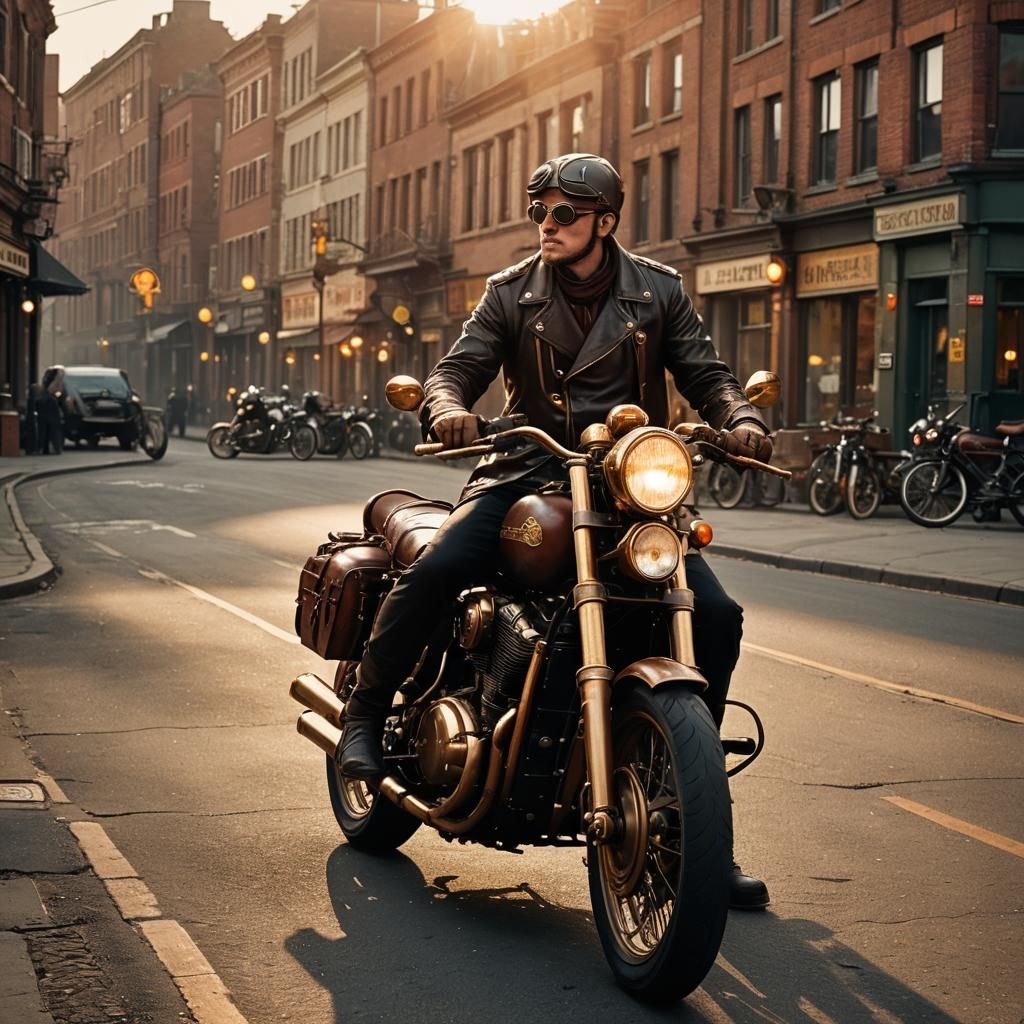 Steampunk Motorcyclist on City Road at Sunset
