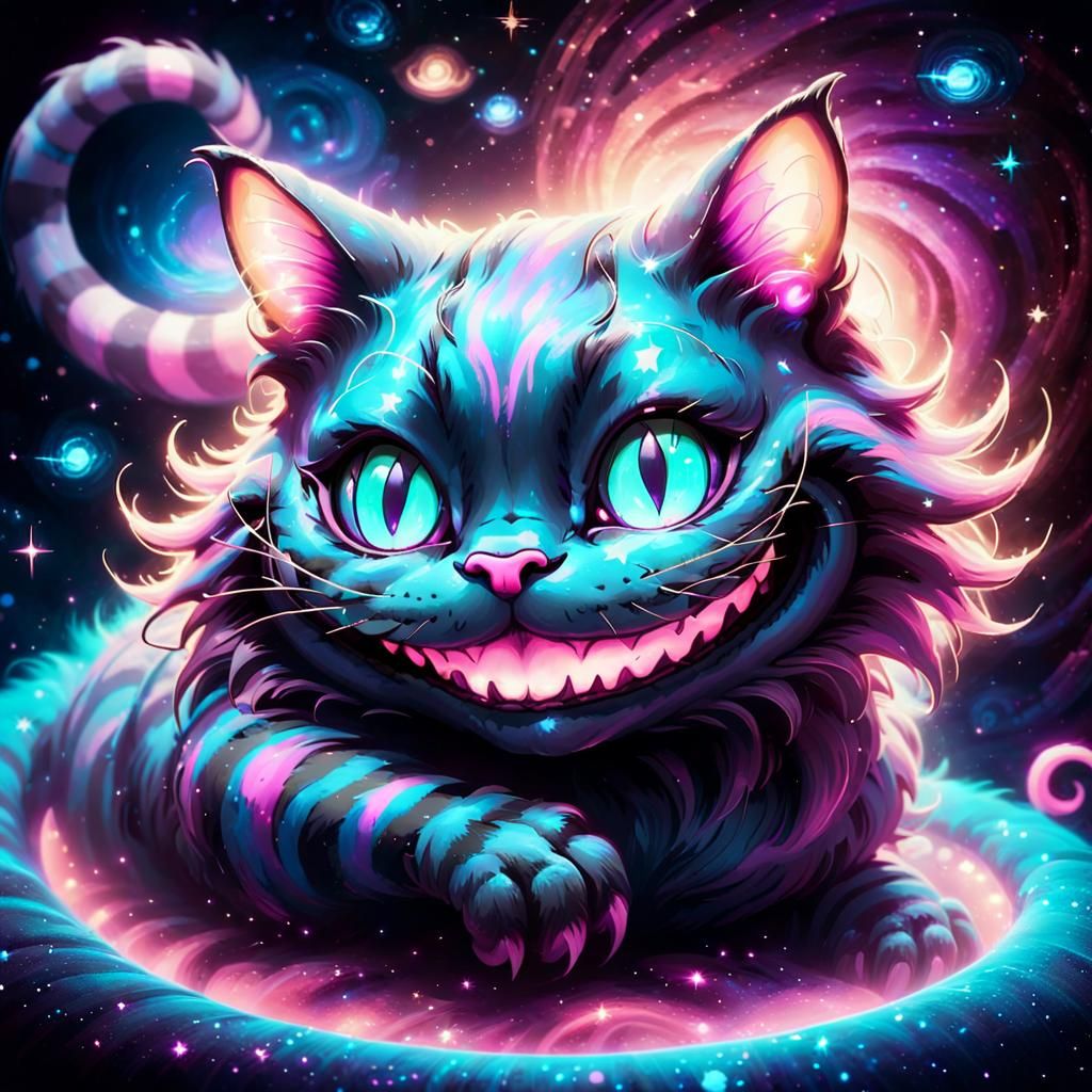 Cosmic Cheshire Cat in Psychedelic Neon Dreamscape