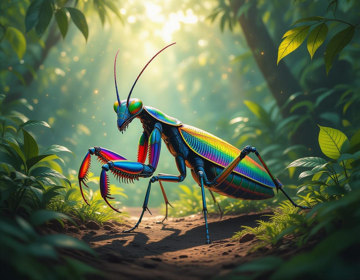Iridescent Cyborg Mantis Walks Through Jungle