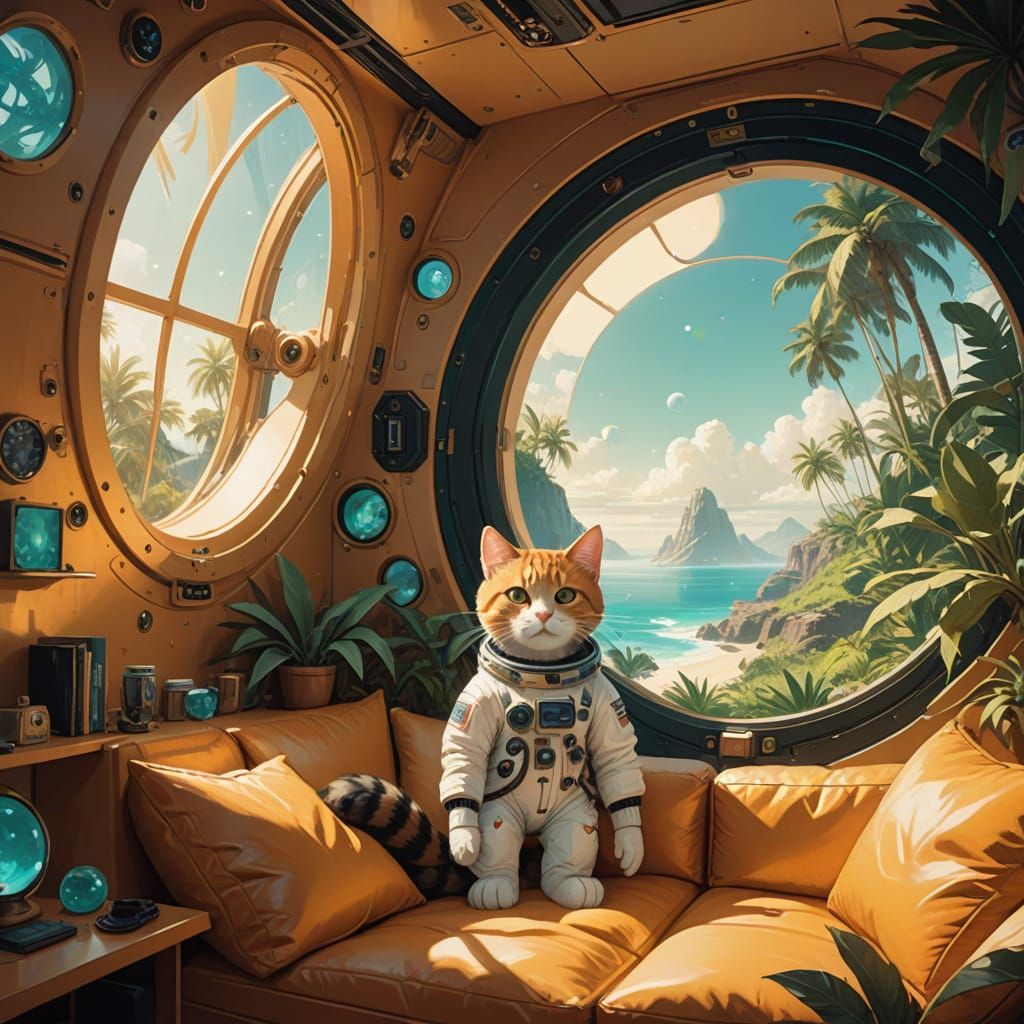 Whimsical Spacecraft Interior with Weightless Boy and Cat