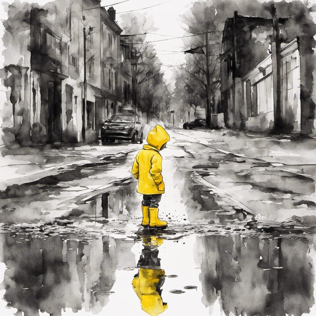 Child in Yellow Plays in Puddle, Watercolor