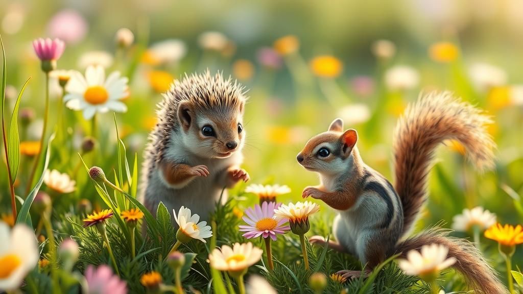 Whimsical Friends Play in Sun-Drenched Wildflower Meadow