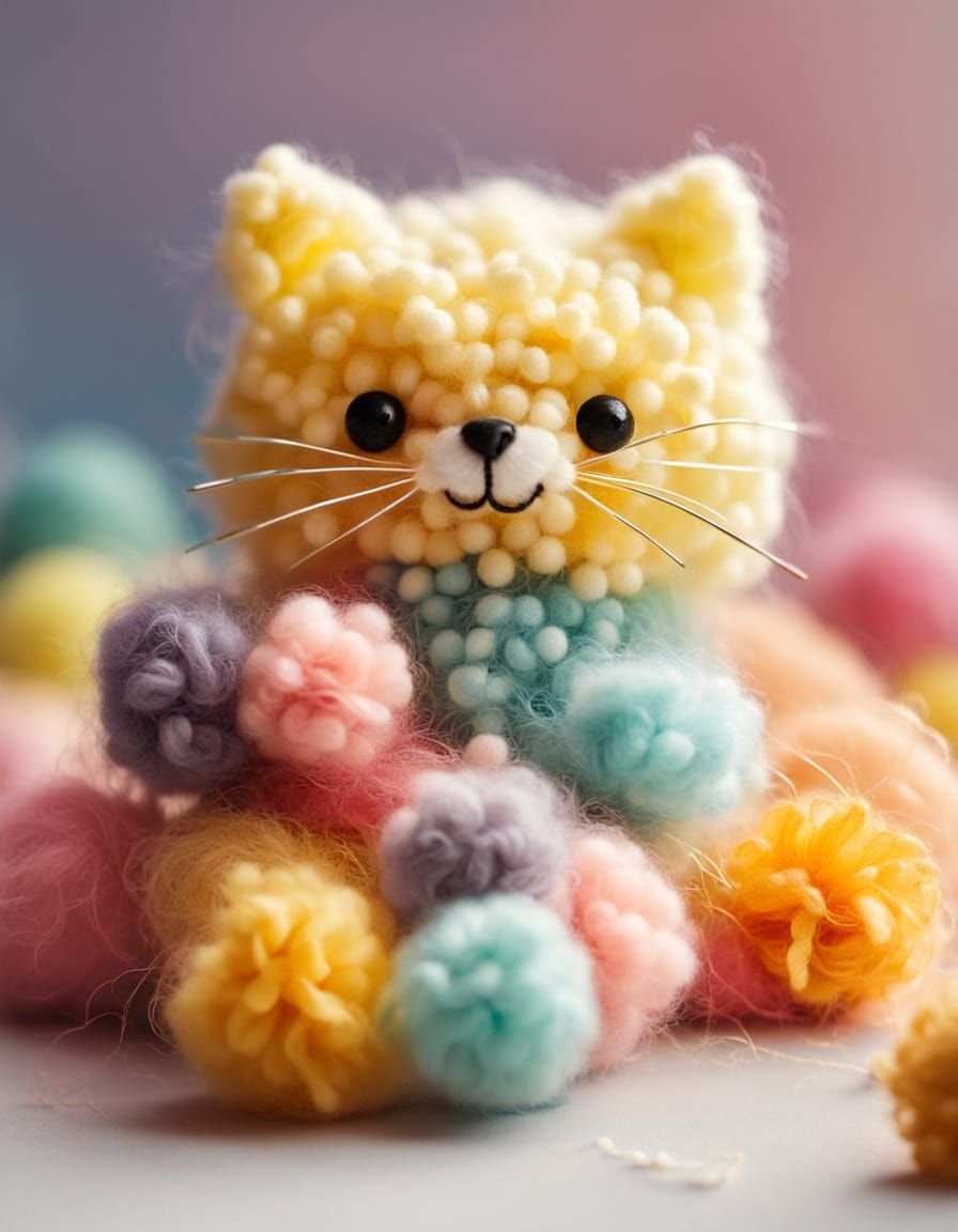 Pom Pom Kitten in Sewing Kit: Whimsical Fiber Art