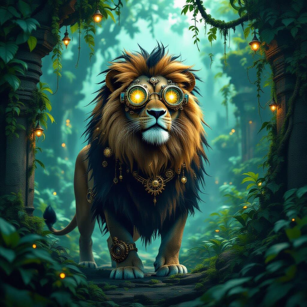 Steampunk Lion in Bioluminescent Jungle