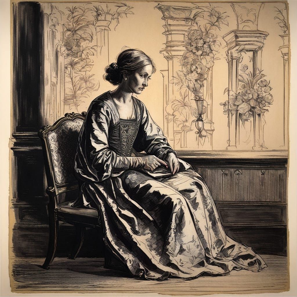 Woman in Ornate Dress Surrounded by Elegant Rockets and Flow...