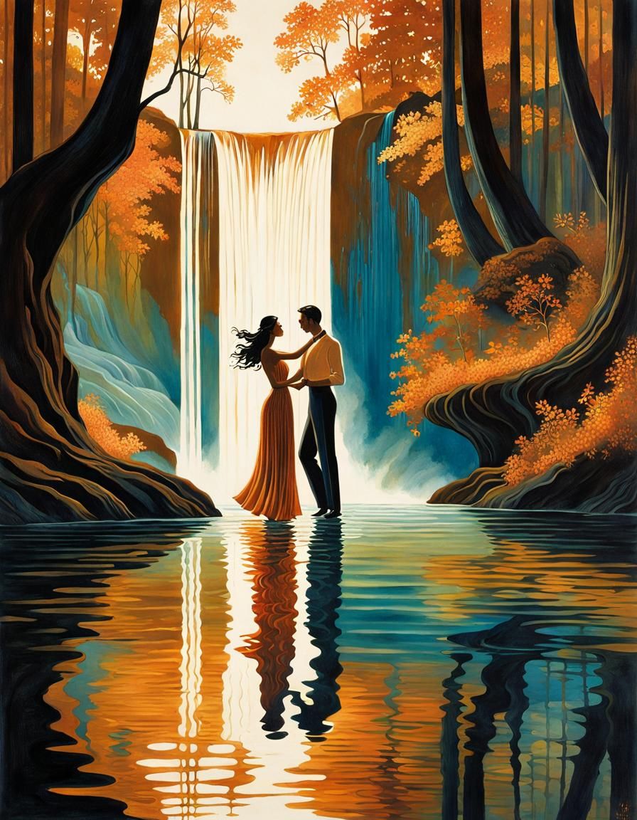 Surreal Couple Waltzing on Water in a Fairy Tale