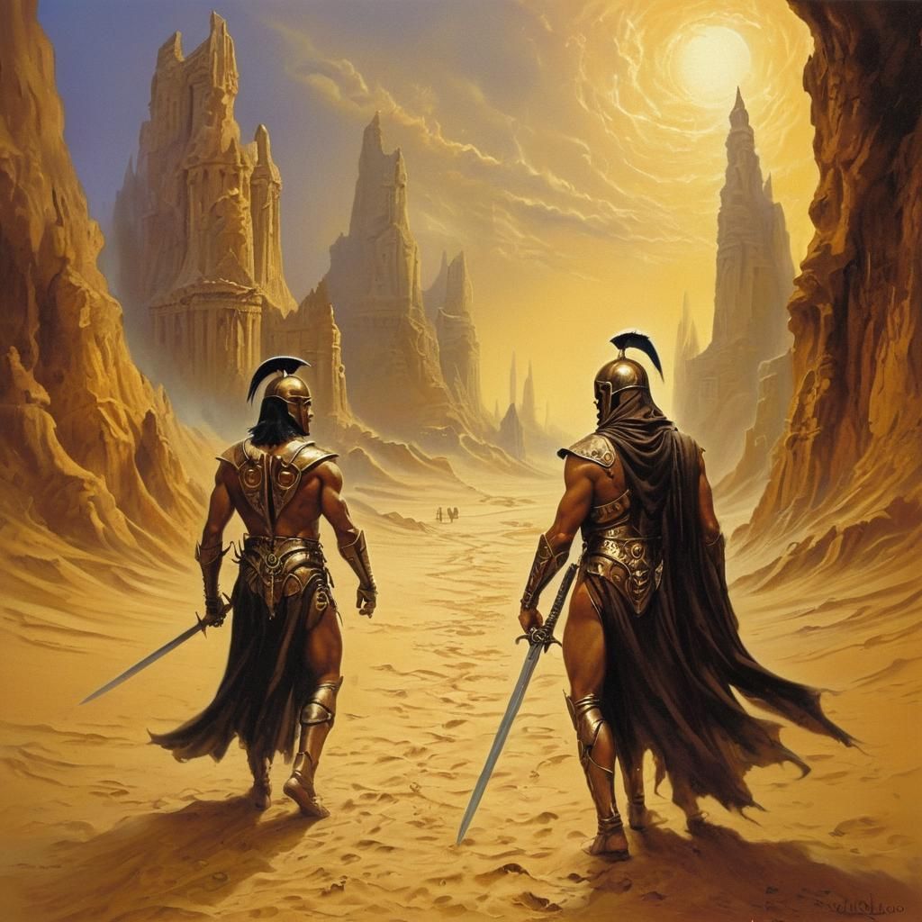 Art by Boris Vallejo, 1970s dark fantasy essence, grainy tex...