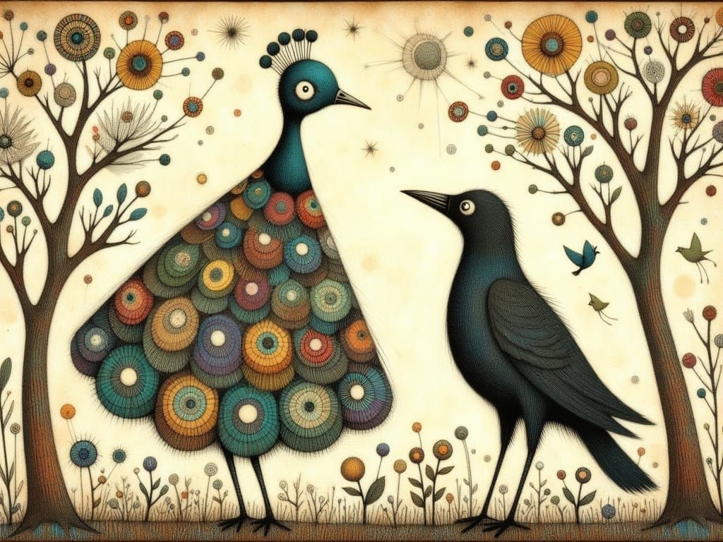 Whimsical Woodcut of Peacock and Raven in Storybook Style