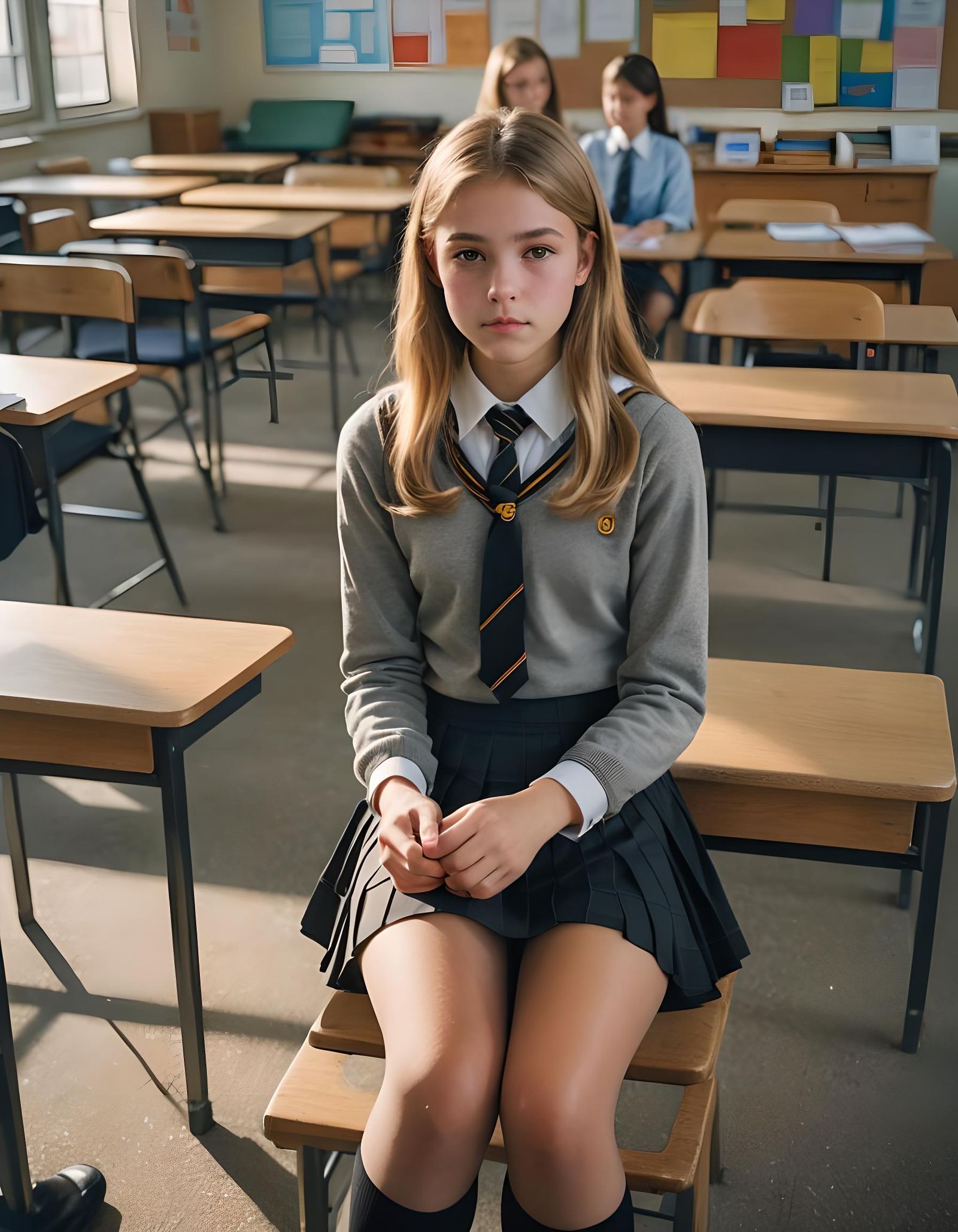 Hyperrealistic Analog Photo of a Brunette Girl in School