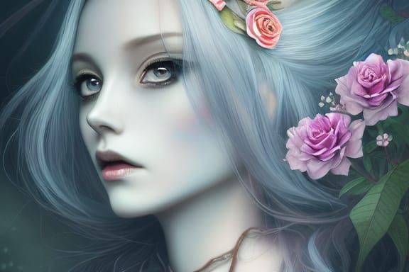 Floral Skeleton Goddess in Anime Style
