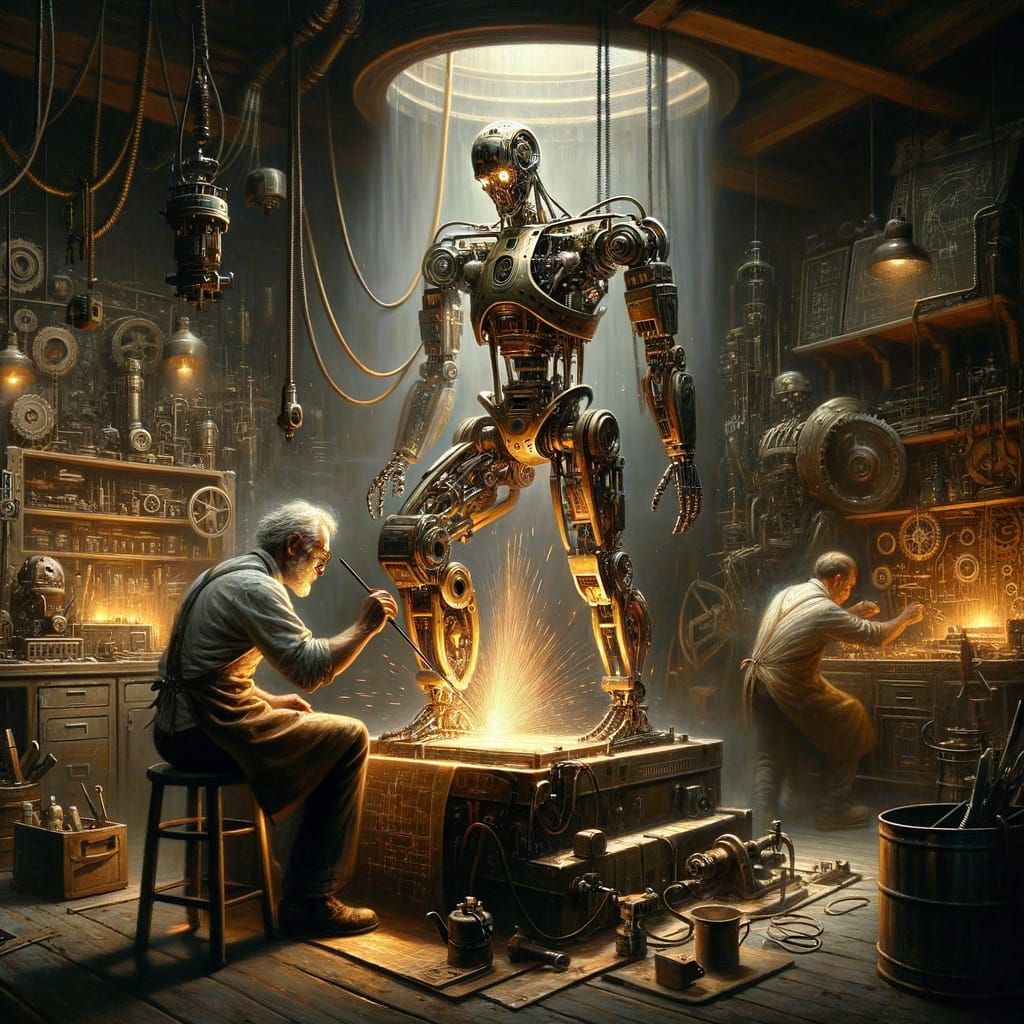 Futuristic Repair Shop Masterpiece in Oil Painting Style