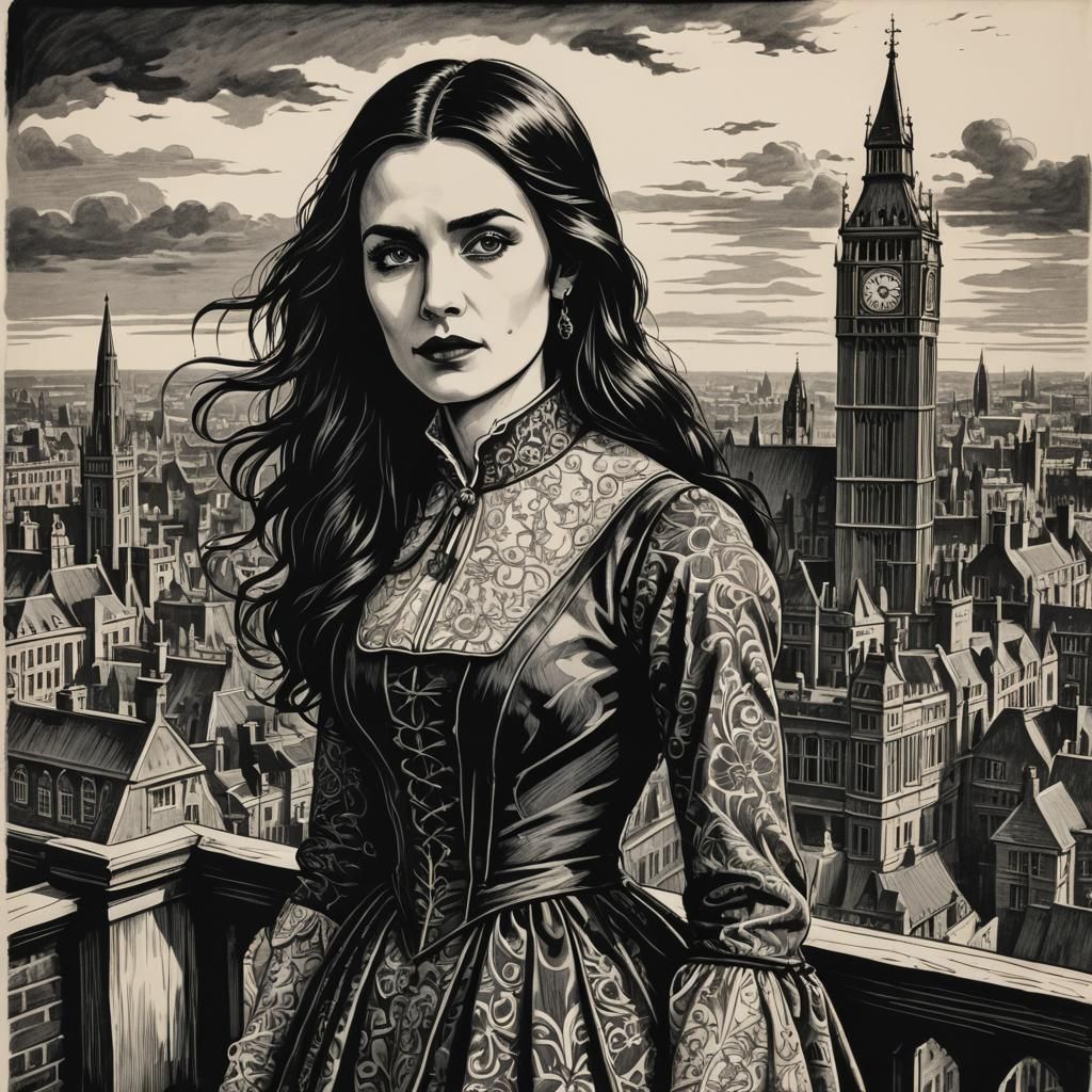 Mina Murray Overlooking London: Black and White Woodcut
