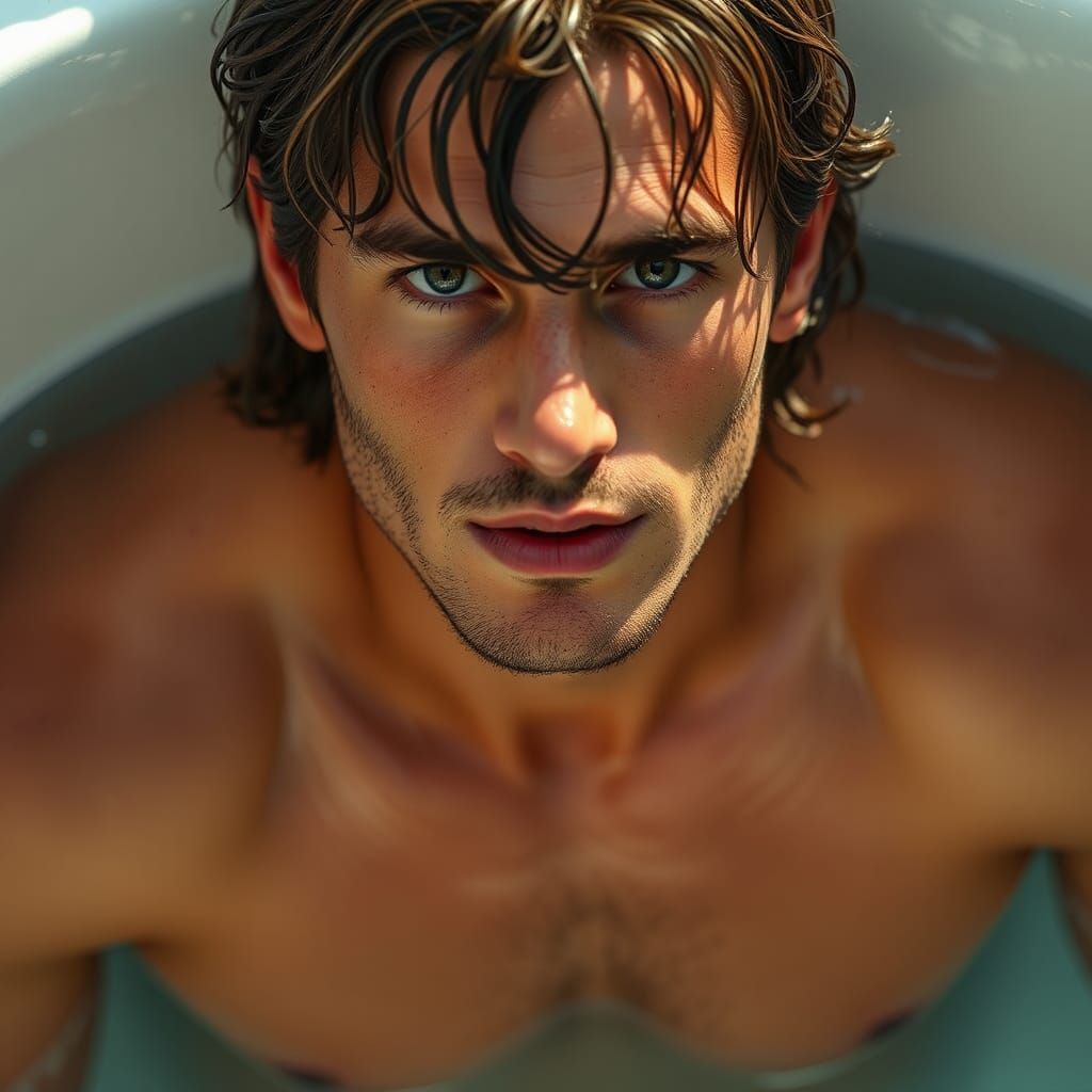 Hyperrealistic Young Man Showering with Long Hair
