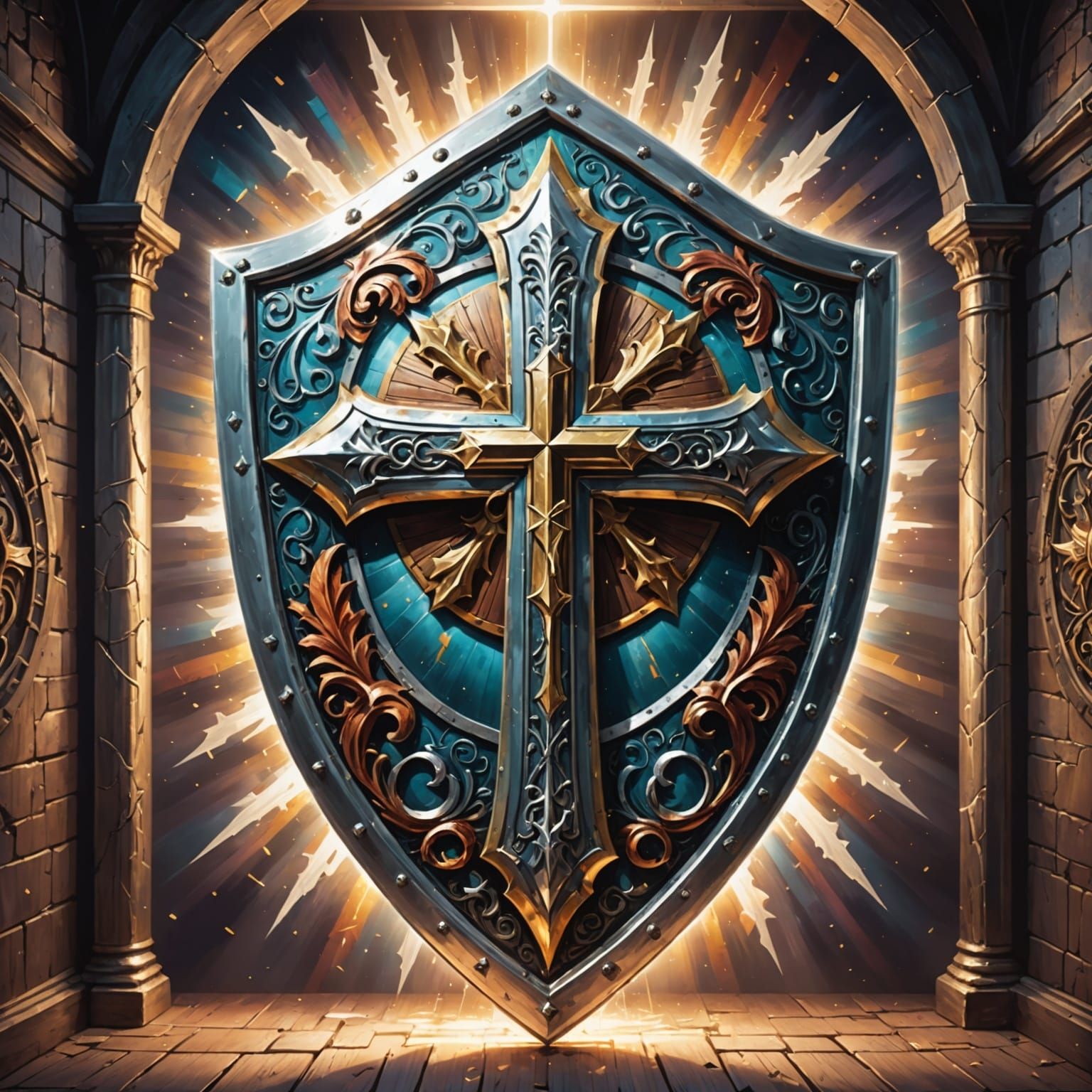 Detailed Silver Shield with Cross in Illustrated Style