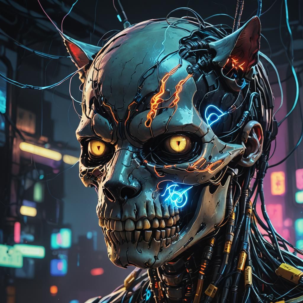 Cyberpunk Siamese Cat Illuminated by Neon Nerve Pathways
