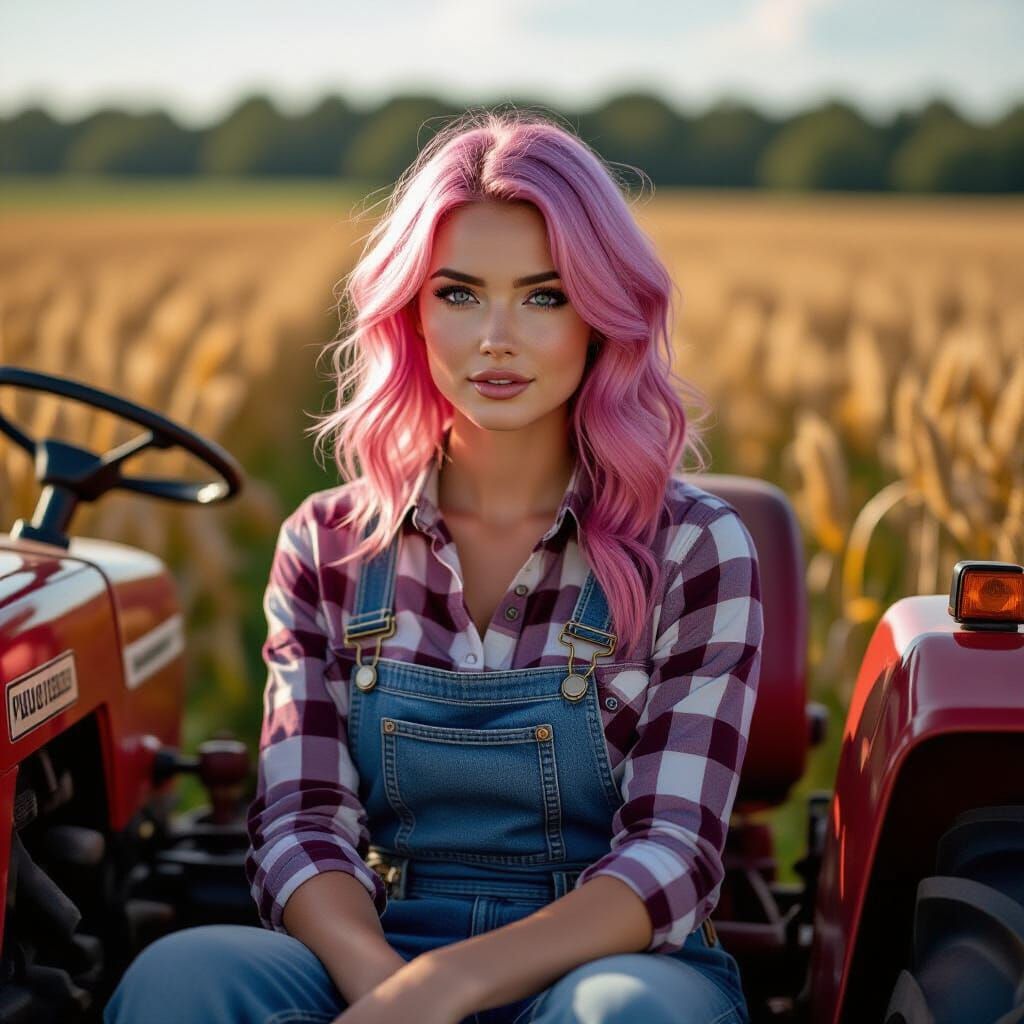 Pink Haired Woman on Tractor in Farm Field