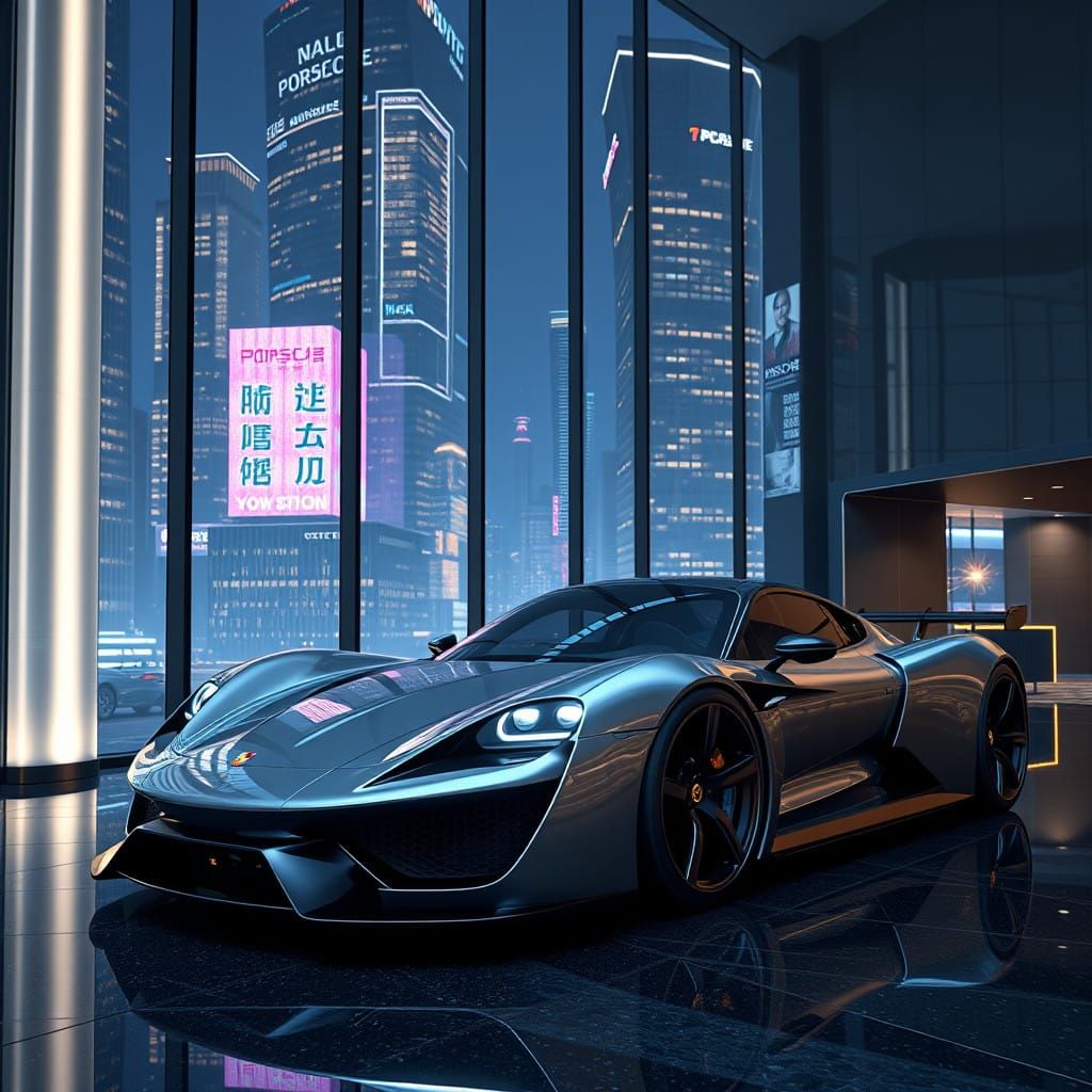 Porsche 920 concept car in a New York hotel lobby.