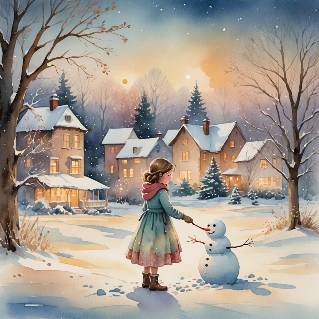 Little Girl Builds Snowman in Watercolor Winter Scene