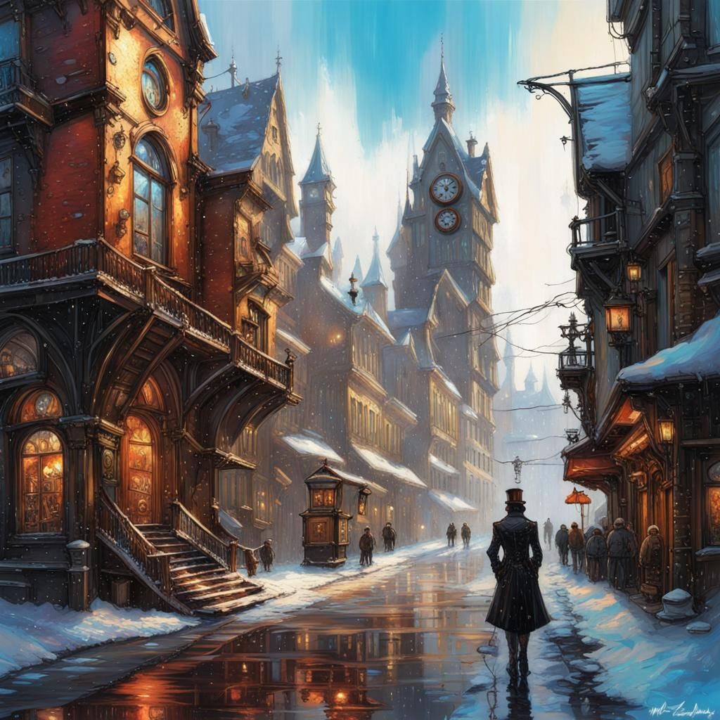Steampunk gothic cityscapes in winter wonderland