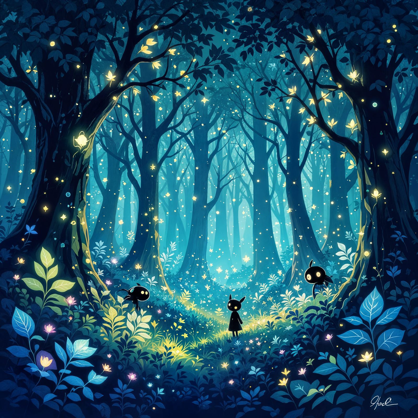 Bioluminescent Forest at Night: Art Nouveau Style