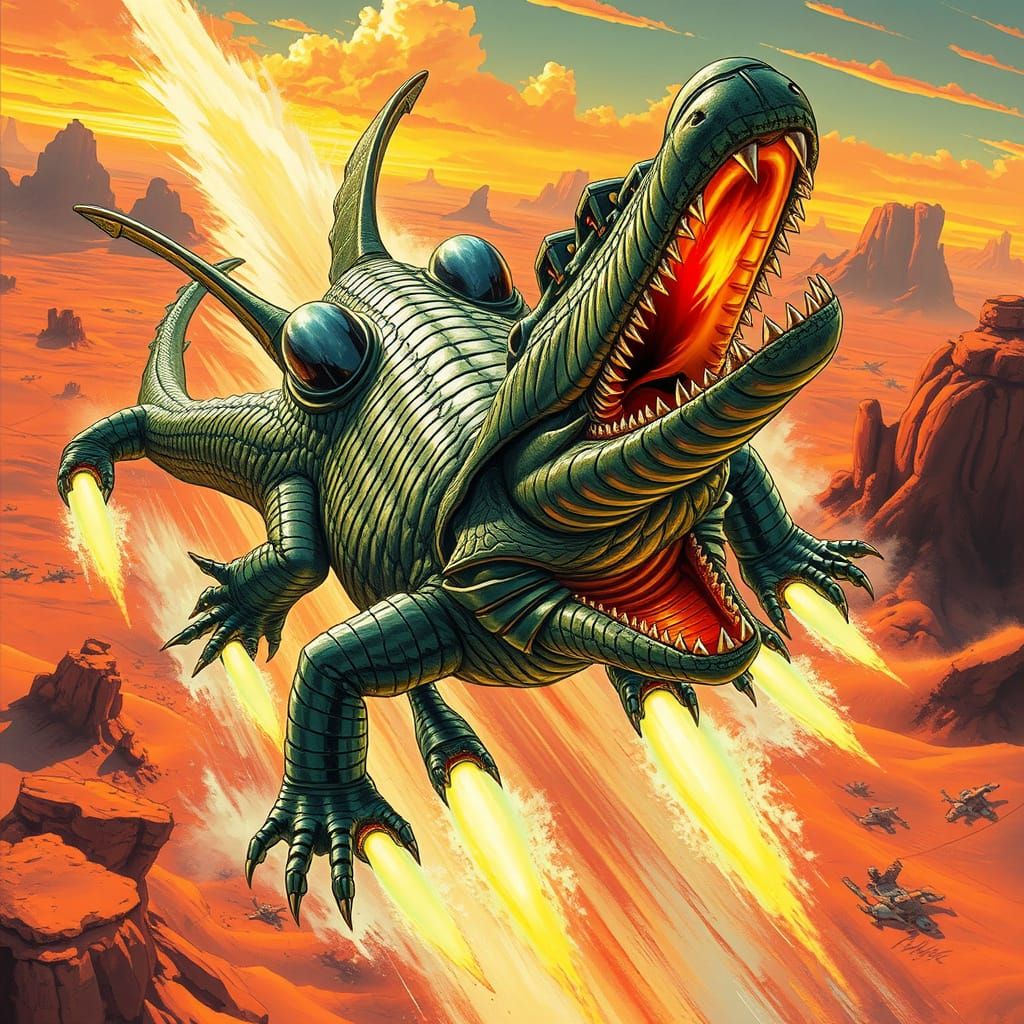 Alligator Jet in a Futuristic Desert Landscape