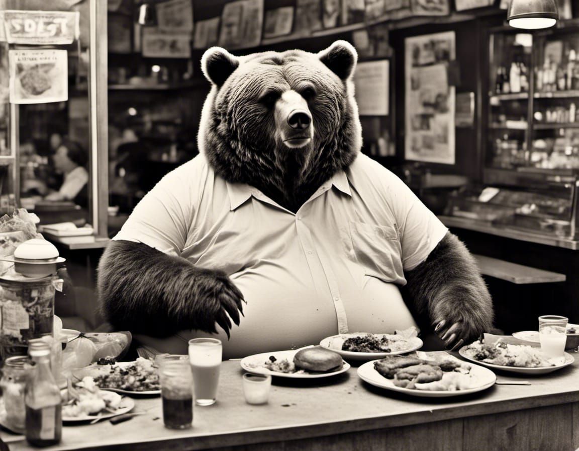 Hungry Obese Bear at a 1963 Burger Shop
