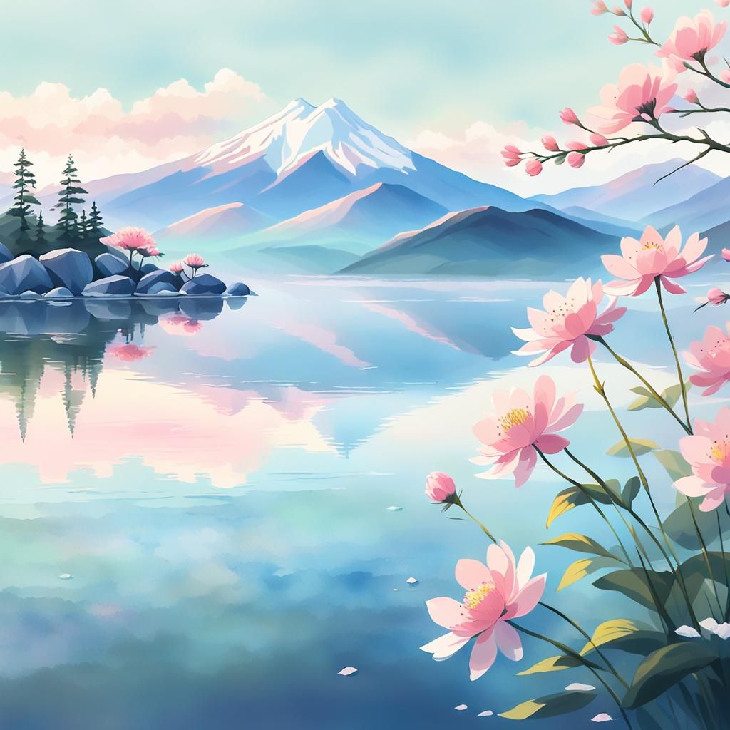 Ethereal Japanese Lake Scene in Anime Style
