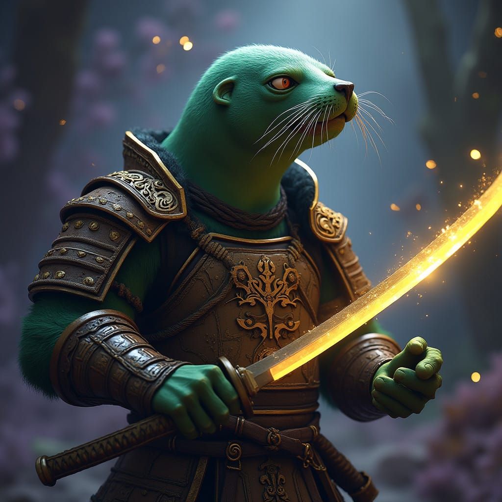 Surreal Green Seal Warrior in Dark Fantasy Armor