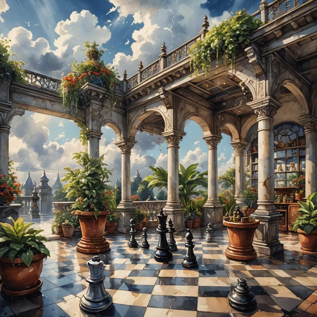 Chessboard on Patio in Rainy Watercolor Style