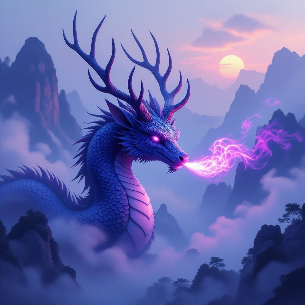 Dragon-Deer Breathing Violet Fire in Misty Mountains