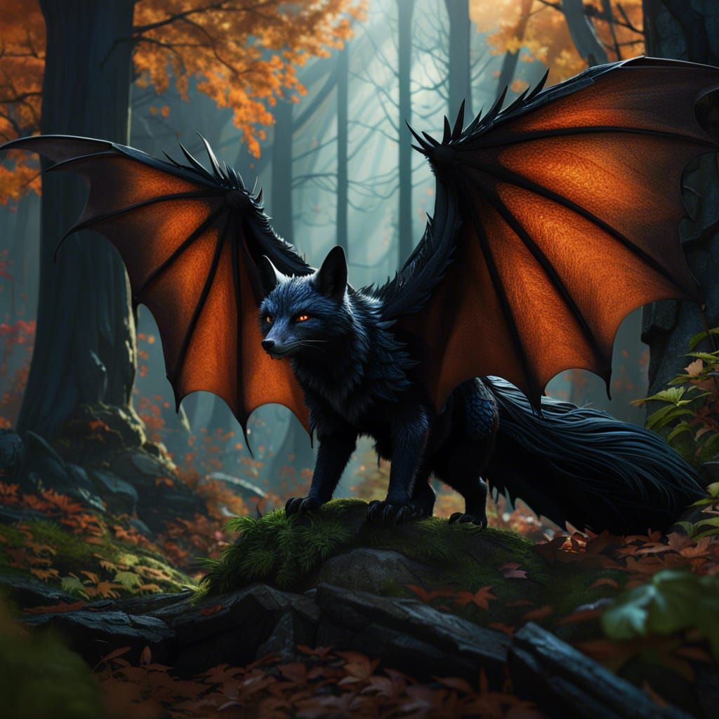 Dragon-Fox Hybrid with Bat Wings in Dark Forest