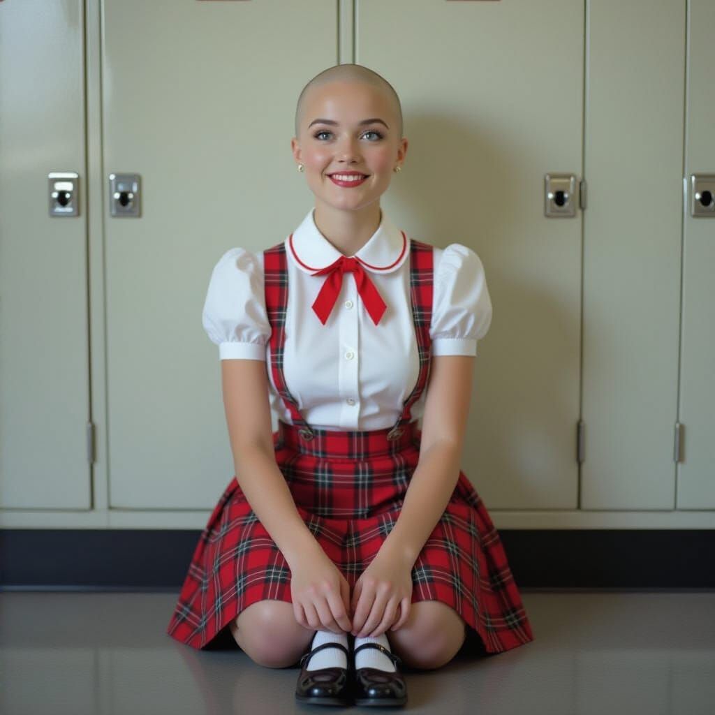 Bald French Schoolgirl in Red Tartan Outfit