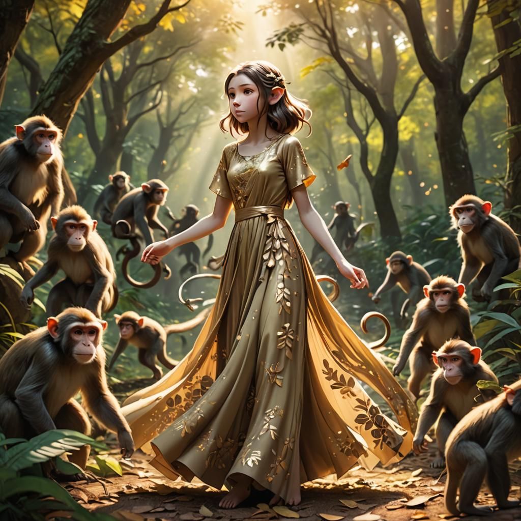 Anime Monkey Girl in Forest with Monkeys