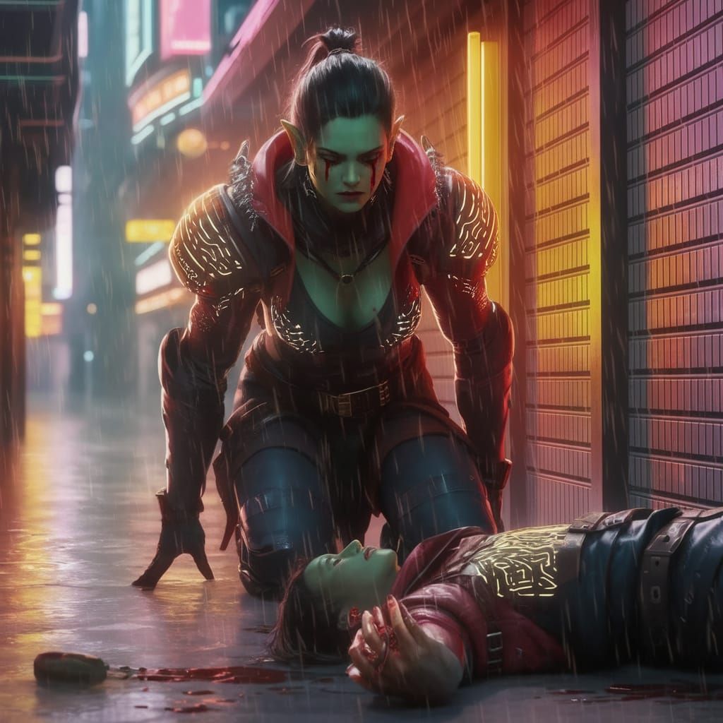 Neon-Lit Samurai in Rain-Soaked Alleyway