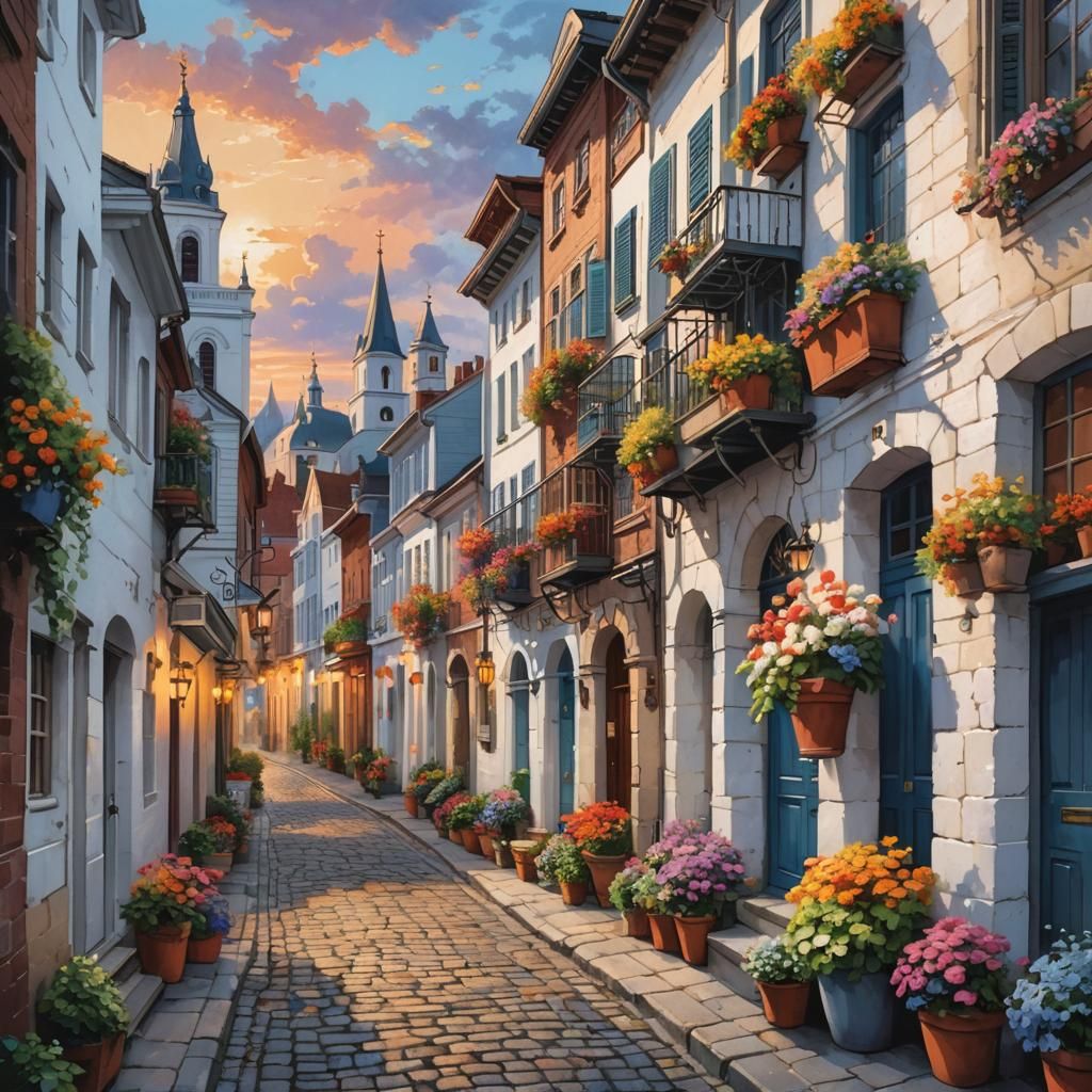 Charming Street Scene with Flowers, Oil Painting Style