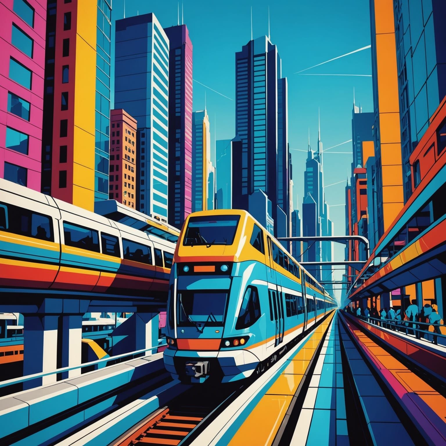 Futuristic Cityscape on a Monorail in Vibrant Pop Art Colors