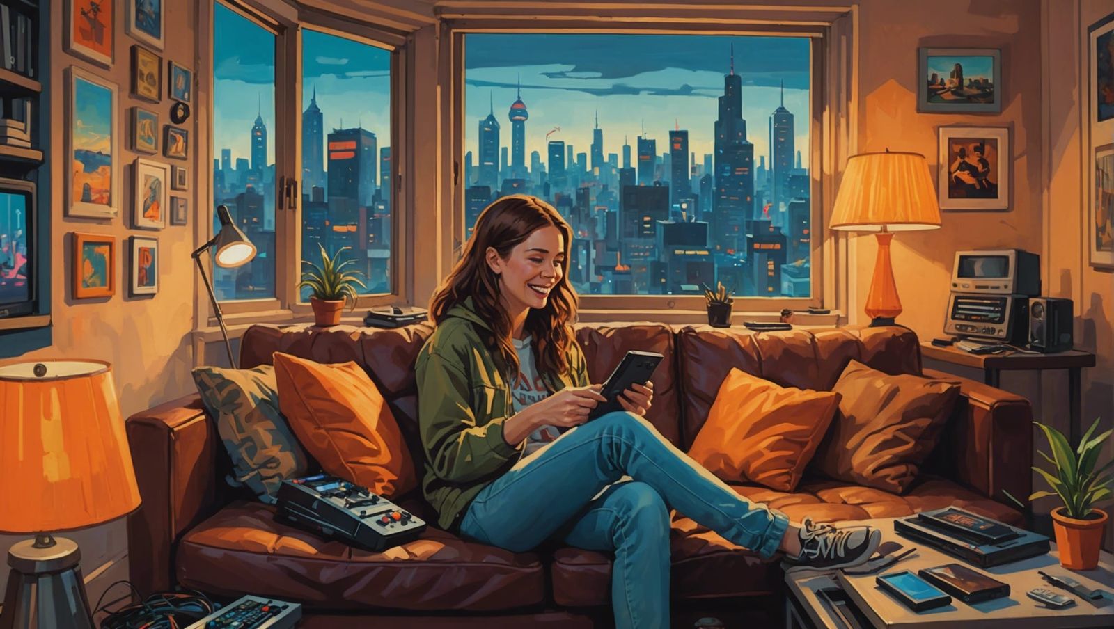 Girl Relaxing in Cyberpunk Apartment: Gouache Painting