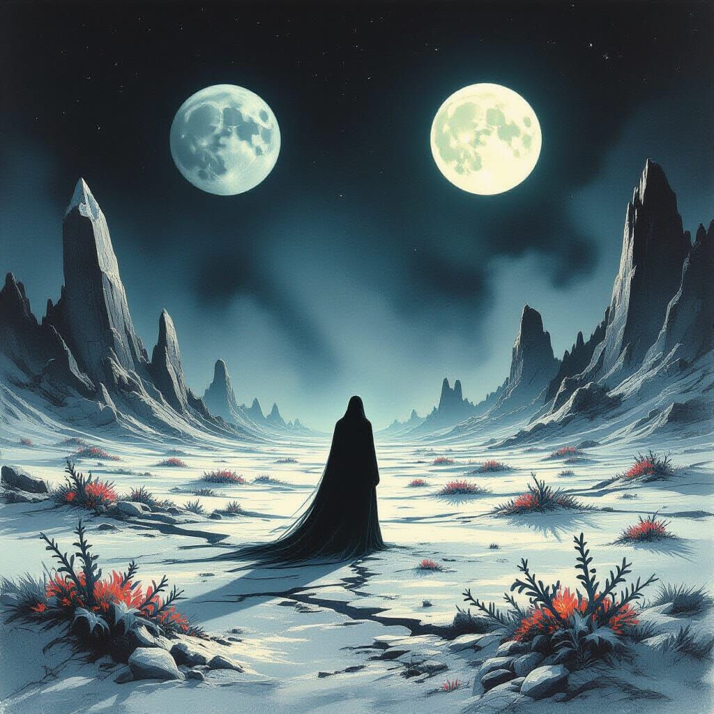 Ethereal Figure on Alien Planet Under Twin Moons