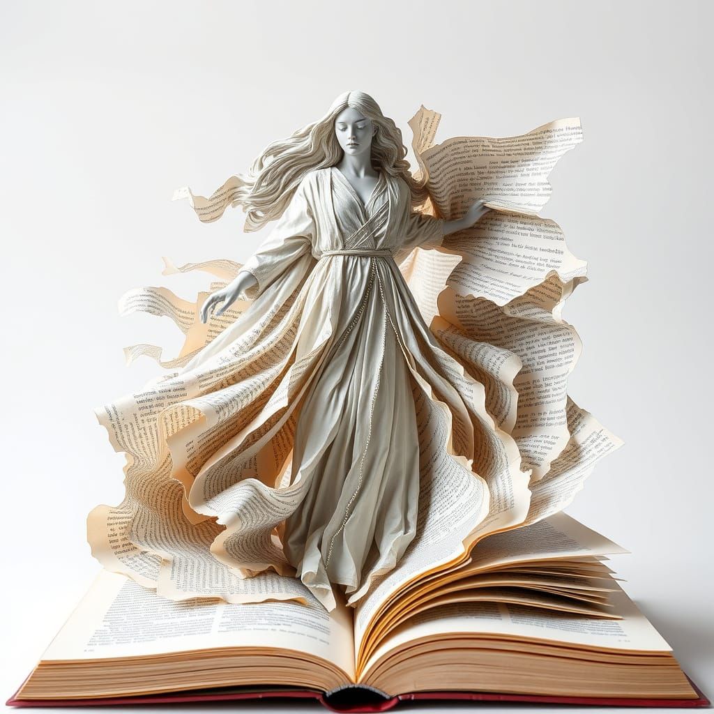 Surreal Woman Emerges from Torn Book Pages in Papier-Mâché S...