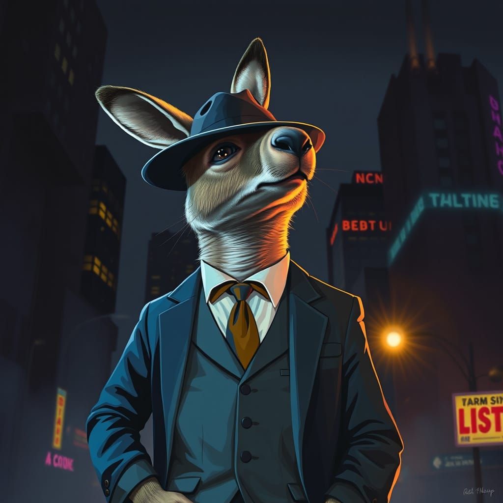 Kangaroo Mobster in Cityscape, Blended Art Styles