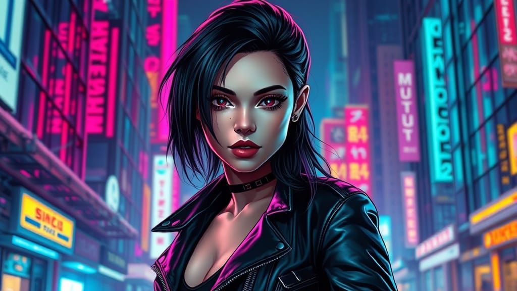 Cybernetic Woman in Neon Cityscape, Comic Book Style